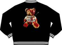 Load image into Gallery viewer, Varsity Bomber Jacket — Distressed 'Integrity' Heart-Eyed Teddy Graphic
